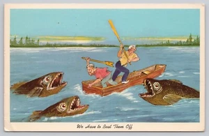 Exaggeration Printed Postcard: Huge Fish, Fishermen, Boat, Lake - Picture 1 of 2