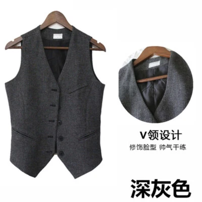 Womens Wool Blend Vest Herringbone Slim Fit Tweed Waistcoat Tuxedo Short Jackets - Image 1 of 4