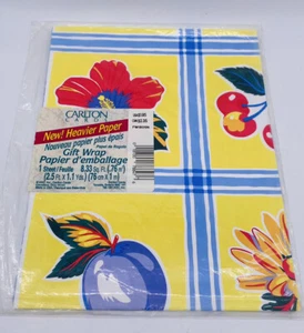Vintage Carlton Cards Gift Wrapping Paper Yellow Plaid Fruit Flowers 30" x 40" - Picture 1 of 4