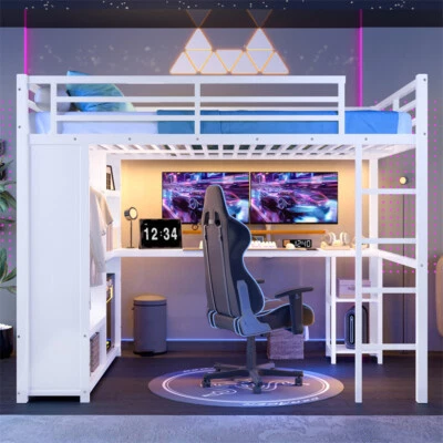 Queen Size Loft Bed with Desk and Storage Shelves, Metal Loft Bed with Wardrobe - Image 1 of 4