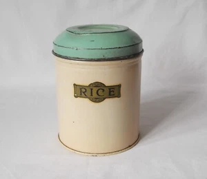 VINTAGE RICE STORAGE TIN CANNISTER.  CREAM WITH GREEN LID. EVE WARE  1940's - Picture 1 of 14