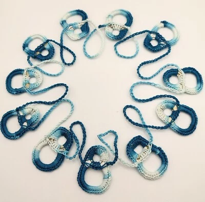 COLLANA BLU OTTANIO in cotone BOHO CHIC base blu azzurro lunghissima linguette - Immagine 1 di 4