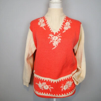 JOYCE SPORTSWEAR 复古女式珊瑚橙色奶油色毛衣 38 羊毛花卉  — 第 1/4 张图片