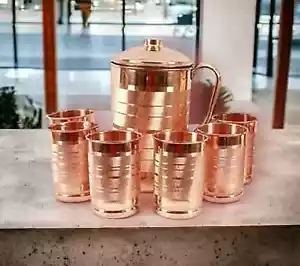 100% Pure Copper Water Jug Pitcher With Tumbler Glass Ayurveda Benefits Set Of 7 - Picture 1 of 4