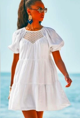 Vestido Lilly Pulitzer Talla 2 Charlet Manga Corta Abullonada 100% Lino Blanco En Niveles Foto 1 de 4