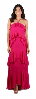 Maxi Vestido Roberto Cavalli Rosa Caliente con Volantes Halter con Falda en Niveles 38IT-4US Foto 1 de 4