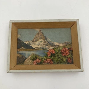 Mini Framed Swiss Matterhorn Landscape Print Wooden Souvenir 9x7cm Vintage - Picture 1 of 8