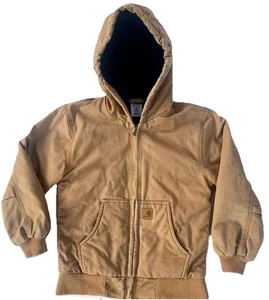 Carhartt Boys Quilt Lined Duck Jacket Sz Medium 10-12 Youth Brown Tan Hood Coat - Picture 1 of 16