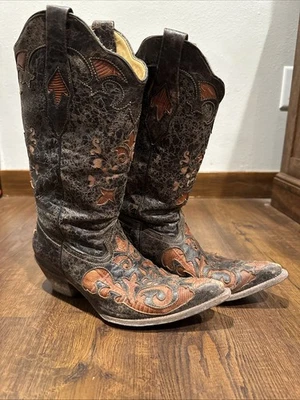 Corral Vintage Inlay Lizard Distressed Brown /Coral Cowboy Boots Womens 8M GUC - Image 1 of 4