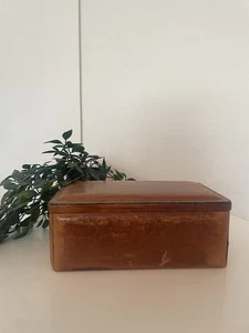 Vintage 1960s Prestige Calf Leather Box Tan Brown Wood Lined Desk Storage - Picture 1 of 10
