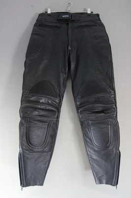 BRITISH MADE SCOTT LEATHERS BLACK BIKER TROUSERS: WAIST 32 IN/INSIDE LEG 28.5 IN - Image 1 of 3