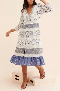 Anthropologie Roberta Midikleid Blumen Prärie Boho Cottagecore blau weiß 8 - Bild 1 von 21