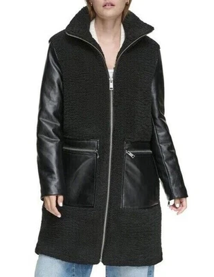 Andrew Marc Women's Tunis Pleather Trimmed Sherpa Coat | Black | XLarge - Image 1 of 3