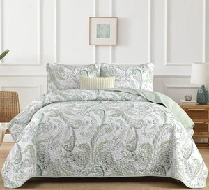 Boho Quilt Set Queen,Green Paisley Floral Pattern Bedspread Coverlet Set with... - Picture 1 of 7