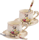 Set Of 2 Tea Cup And Saucer, 8 Oz. Flowering Shrubs Ivory Ceramic Coffee Cup Fan