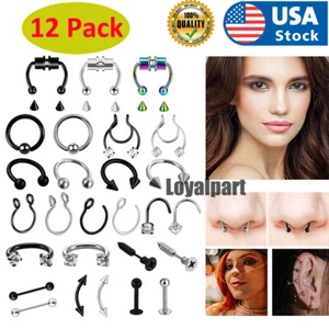 12PCS Nose Hoop Rings L Shaped Pin Studs 20G Surgical Steel Piercing Jewelry Set - Picture 1 of 15