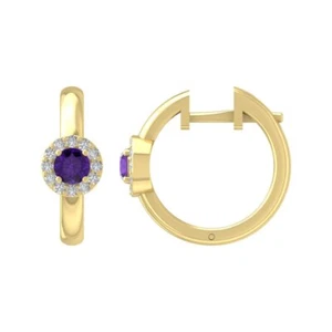 14K Yellow Gold Round Natural Diamond & Amethyst Hoop Earrings for Women - Picture 1 of 1