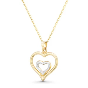 Double Heart Motherhood Love Charm 2-Tone 14k Yellow White Gold Necklace Pendant - Picture 1 of 5