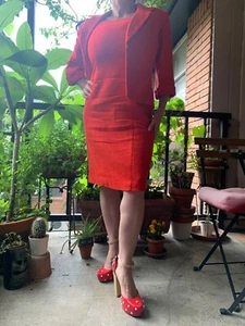 Donna Morgan Red Dress & Jacket Set, Linen, Sz 8-10, Top Stitching, Great Fit! - Picture 1 of 11