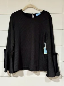 NEW CeCe Black Textured Ribbon Bell-Sleeve Blouse Size M - Picture 1 of 8