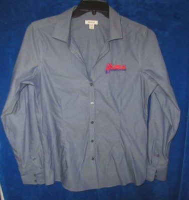 USA Powerlifting Women's blutton front LS Cotton Denim Shirt w/sewn logo sz L - Image 1 of 4