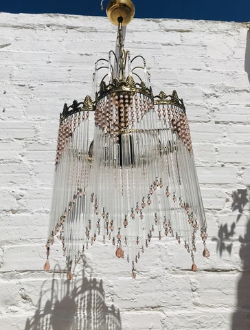 12.5" x 31" Antique Tiered Chandelier, Brass with PINK Clear Glass Prisms Beads Cover