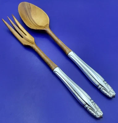 Juego de servir ensaladas de plata esterlina STRADIVARI by Wallace 2 piezas con madera 10 1/2" Foto 1 de 4