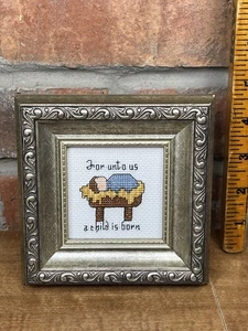 Cross Stitch Christmas Decoration Ornament Framed For Unto Us Jesus Manger - Picture 1 of 4