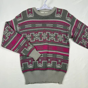 Vintage Sun Valley Pullover aus reiner Schurwolle Damen Medium geometrisch rosa grau - Bild 1 von 10