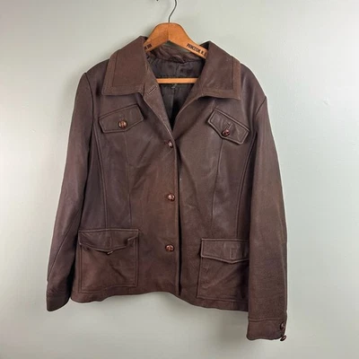 Chaqueta Abrigo Blazer Eddie Bauer Cuero Gamuza Mujer XL? Marrón Abotonable 4 Bolsillos Foto 1 de 4
