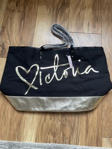 Victoria’s Secret Black metallic gold Large Shopper Beach Gym Tote Bag NWT - Picture 1 of 9
