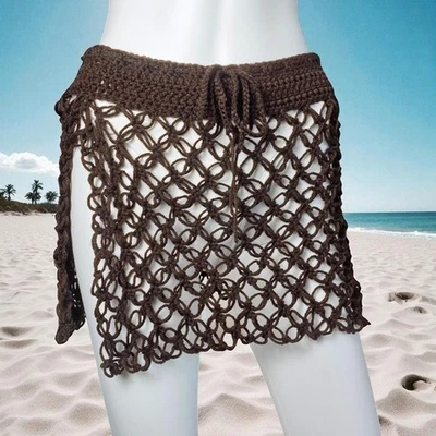 Handmade Crochet Mesh Skirt Cover-Up – Brown Boho Beachwear - Image 1 of 4