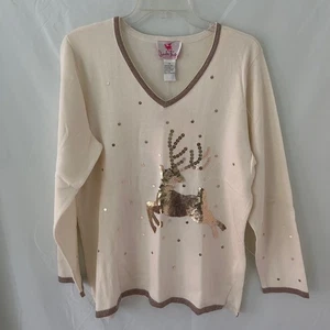 Quaker Factory Women's Long Sleeve V-Neck Sweater M Reindeer Sequin Sparkle - Picture 1 of 4