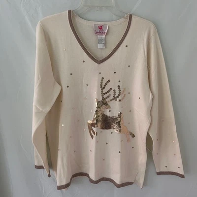 Quaker Factory Women's Long Sleeve V-Neck Sweater M Reindeer Sequin Sparkle - Image 1 of 4