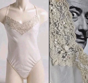 Vtg 80's Maryann's Boutique Ivory Chiffon Embellished Lace Bodysuit! L USA - Picture 1 of 6