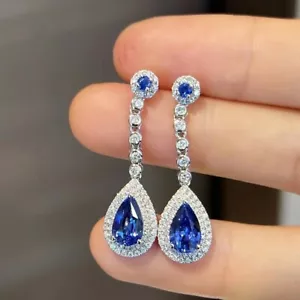 2.84Ct Pear Cut Natural Blue Sapphire Diamond Earring Stud 14K White Gold - Picture 1 of 4
