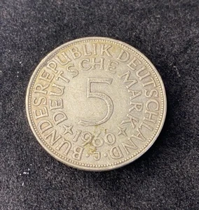 1960-J Germany 5 Mark 0.6250 Silver ASW 0.2251 Oz Free Shipping - Picture 1 of 2