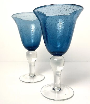 "Vaso artístico Artland Iris Burbuja 8"" azul soplado a mano tallo transparente copa de agua de vino 2" Foto 1 de 4