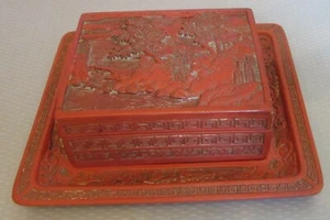 Antique Chinese Carved Cinnabar Trinket Jewelry Box on Tray Set Red Lacquerware - Picture 1 of 10