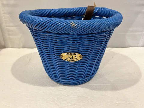 Vintage French Blue Nantucket Bike Basket Co  Woven Leather Strap 7”T 10”W 7.5”D Cover