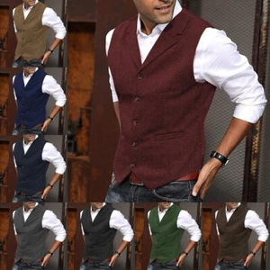 Mens Tweed Waistcoat Vintage Western Cowboy Herringbone Wool Vests 42 44 46 48 - Picture 1 of 13