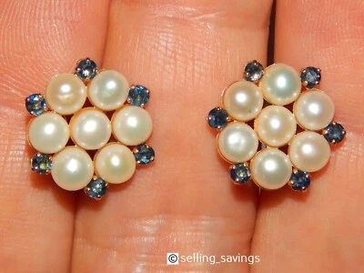 14K YELLOW GOLD  SAPPHIRE & PEARL 7/10 INCH OMEGA BACK CLIP ON EARRINGS - Image 1 of 4