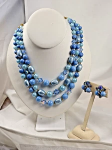 Juego de 3 hilos de collar facetados de cristal AB tono dorado remolino cuentas azules - Imagen 1 de 10