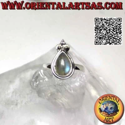 Anello in argento 925 ‰ labradorite a goccia cabochon, bordo liscio e giglio a c - Immagine 1 di 4