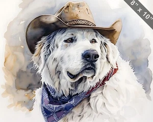 Gran Pirineo con Sombrero de Vaquero y Bandana Acuarela Estampado 8x10 - Imagen 1 de 1