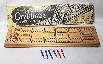 Vintage Cardinal Wood Cribbage Game 2 Player Board with 6 Pegs Box Wooden Board - Image 1 of 4