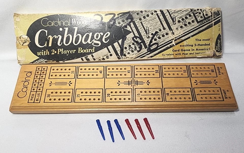 Vintage Cardinal Wood Cribbage Game 2 Player Board with 6 Pegs Box Wooden Board - Image 1 of 4