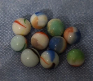 Vintage Lot of 10 White Milk Glass Multi-Color Swirl Marbles 16 mm - .6 in. C125 - Picture 1 of 3