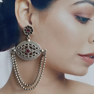 Pendientes largos indios enchapados en plata para mujer fiesta colgante joyería tradicional Foto 1 de 3