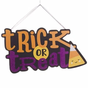Trick or Treat Candy Corn Wooden Sign 13.5" Hanging Decoration, Orange Purple - Picture 1 of 1